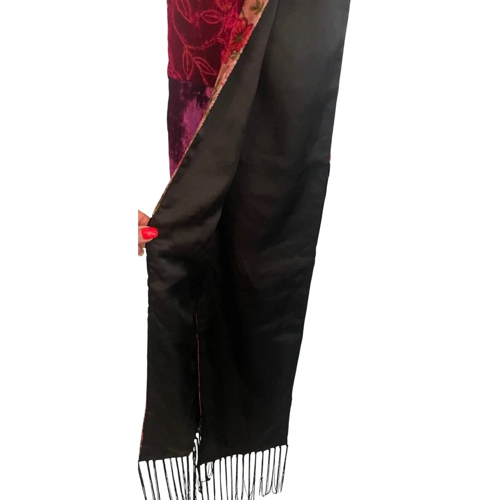 Vintage Whimsigoth Patchwork Velvet & Embroidered Scarf with Fringe Trim